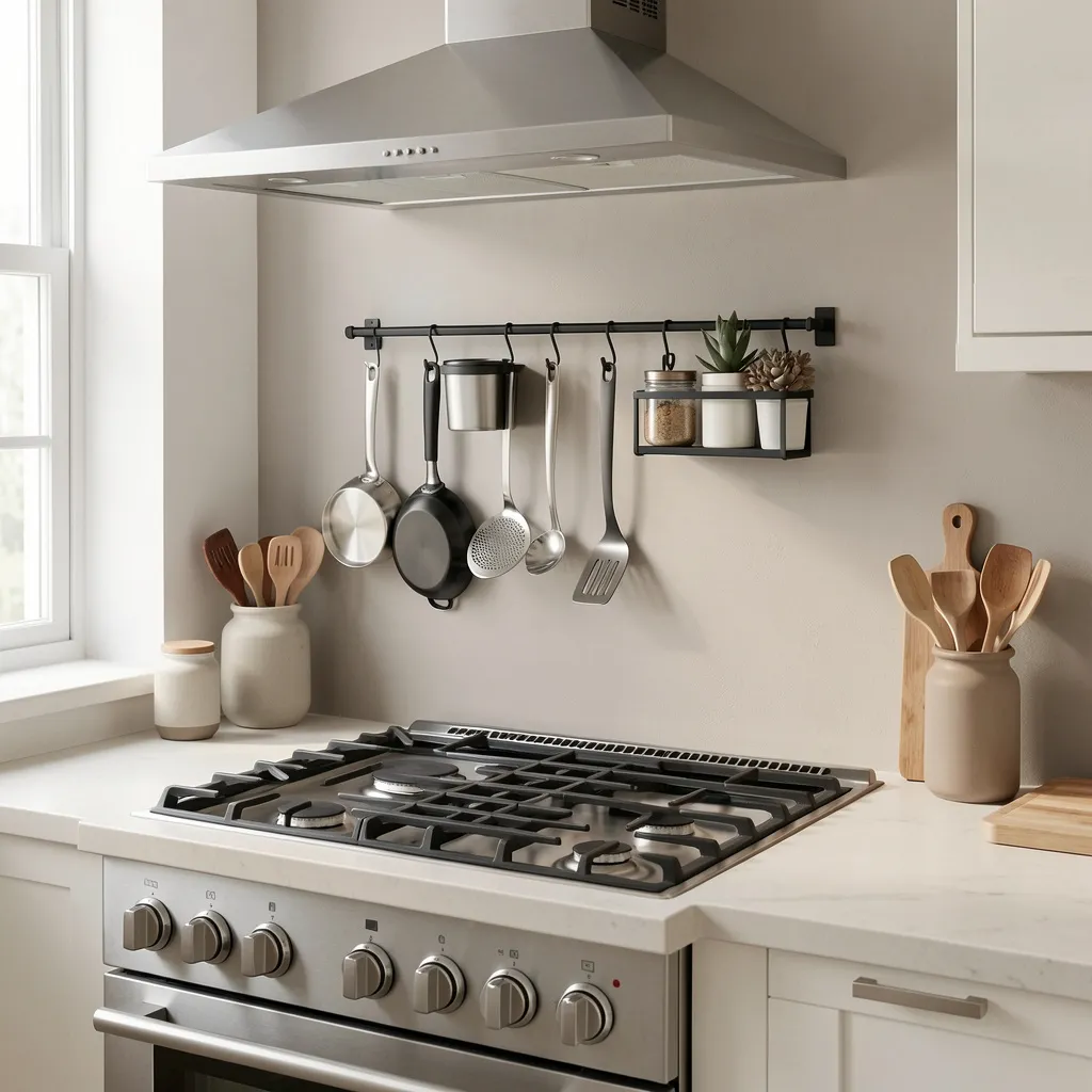 Magnetic kitchen wall panel with utensils arranged neatly