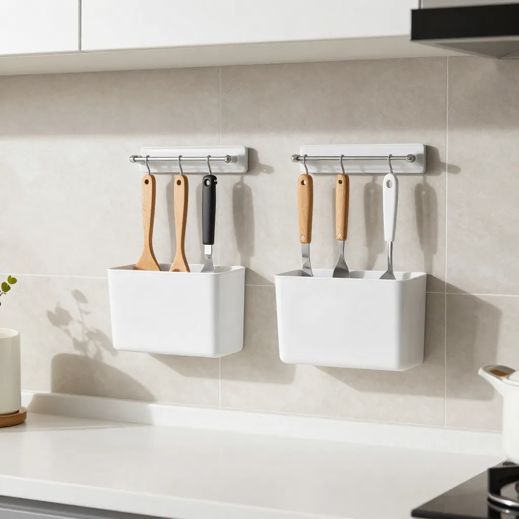 Wall mounted rail with hooks and utensils on display