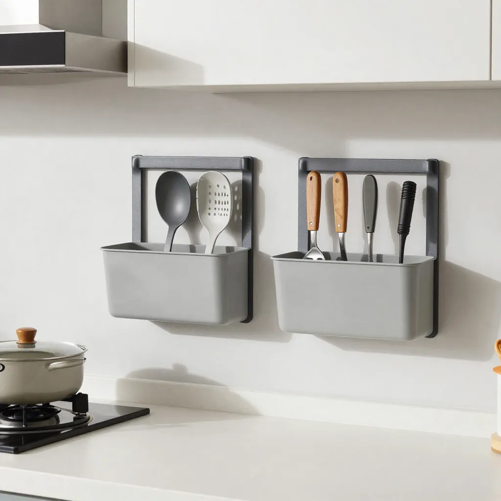 Wide magnetic strip with knives and utensils in a row