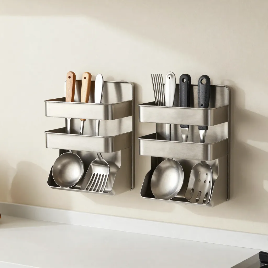 Wide black rail system with utensils across a backsplash