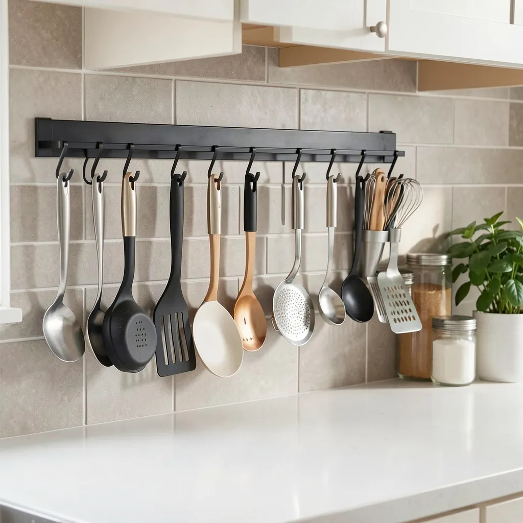 Utensil set hanging from a wall rail